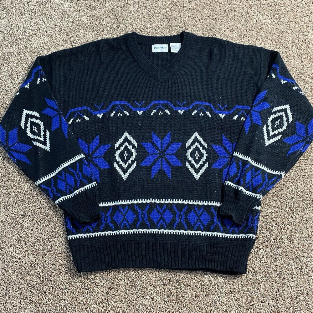 VTG Puritan Sweater V Neck Men’s Size Large Acrylic Snowflake Ski 80s 90s Black